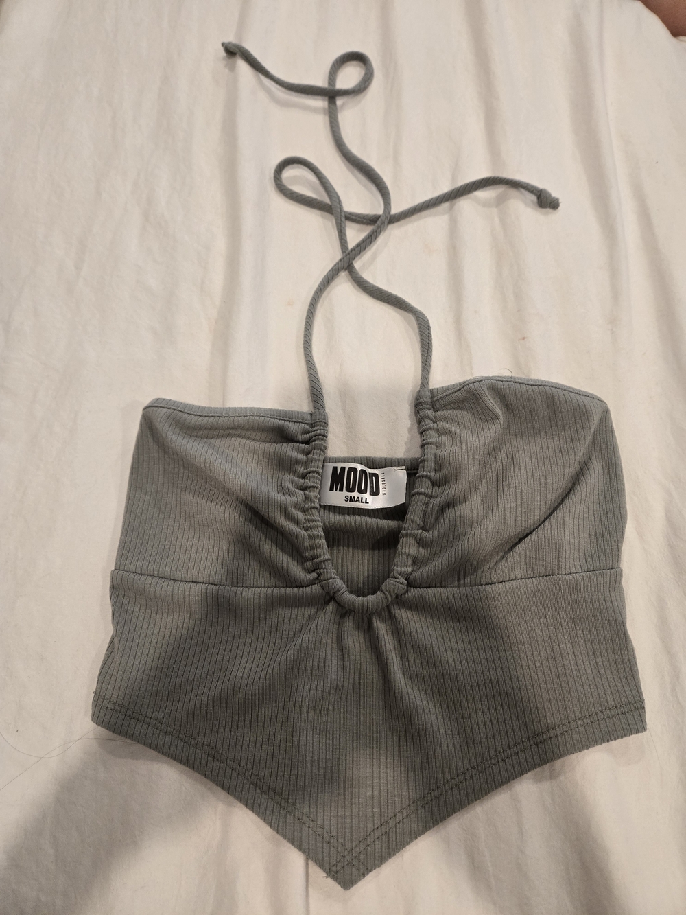 MOOD Ribbed Halter Crop Top in Sage Gray